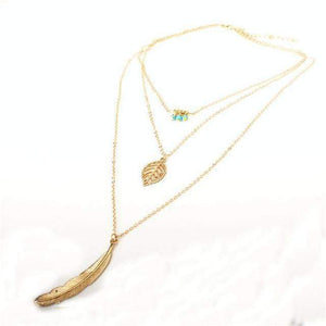 "Free Spirit" Turquoise Leaf Multi Layer Necklace ChakrasActivated Gold 