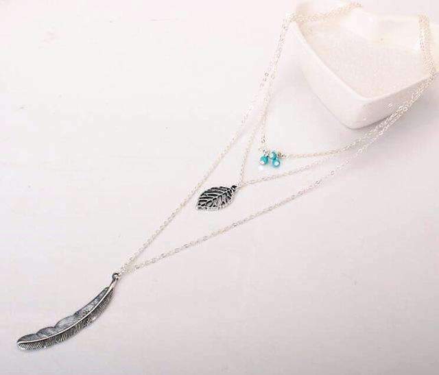 "Free Spirit" Turquoise Leaf Multi Layer Necklace ChakrasActivated Silver 