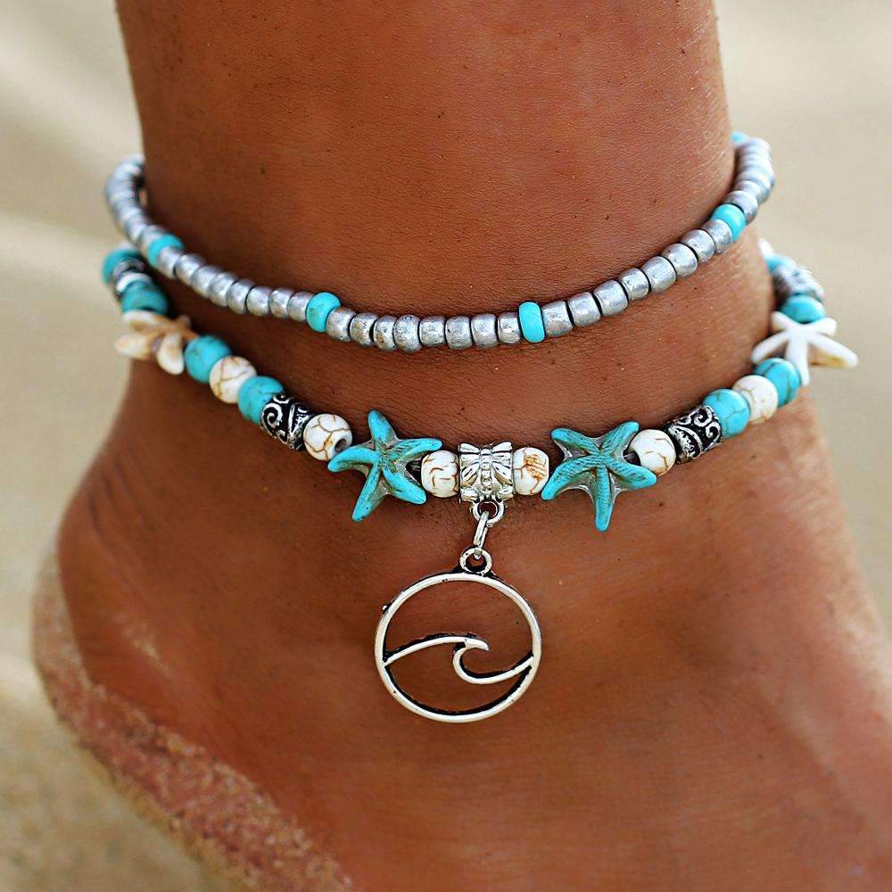 Ocean Essence Double Layer Anklet ChakrasActivated Tidal Wave Pendant 
